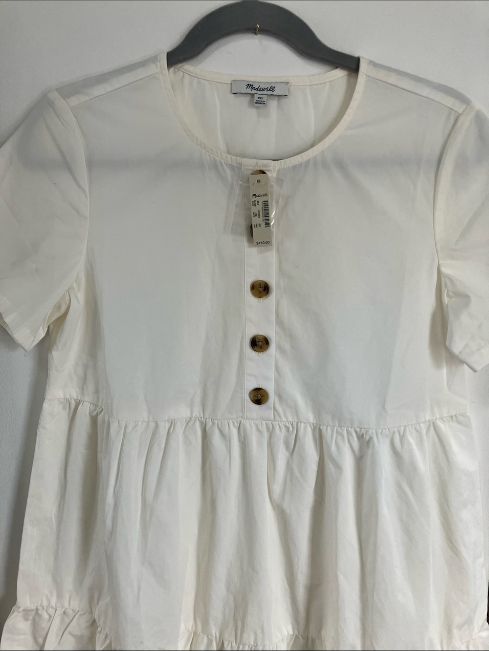 Madewell NWT Tiered Mini Dress Button-Front Short Sleeve White XXS AO277